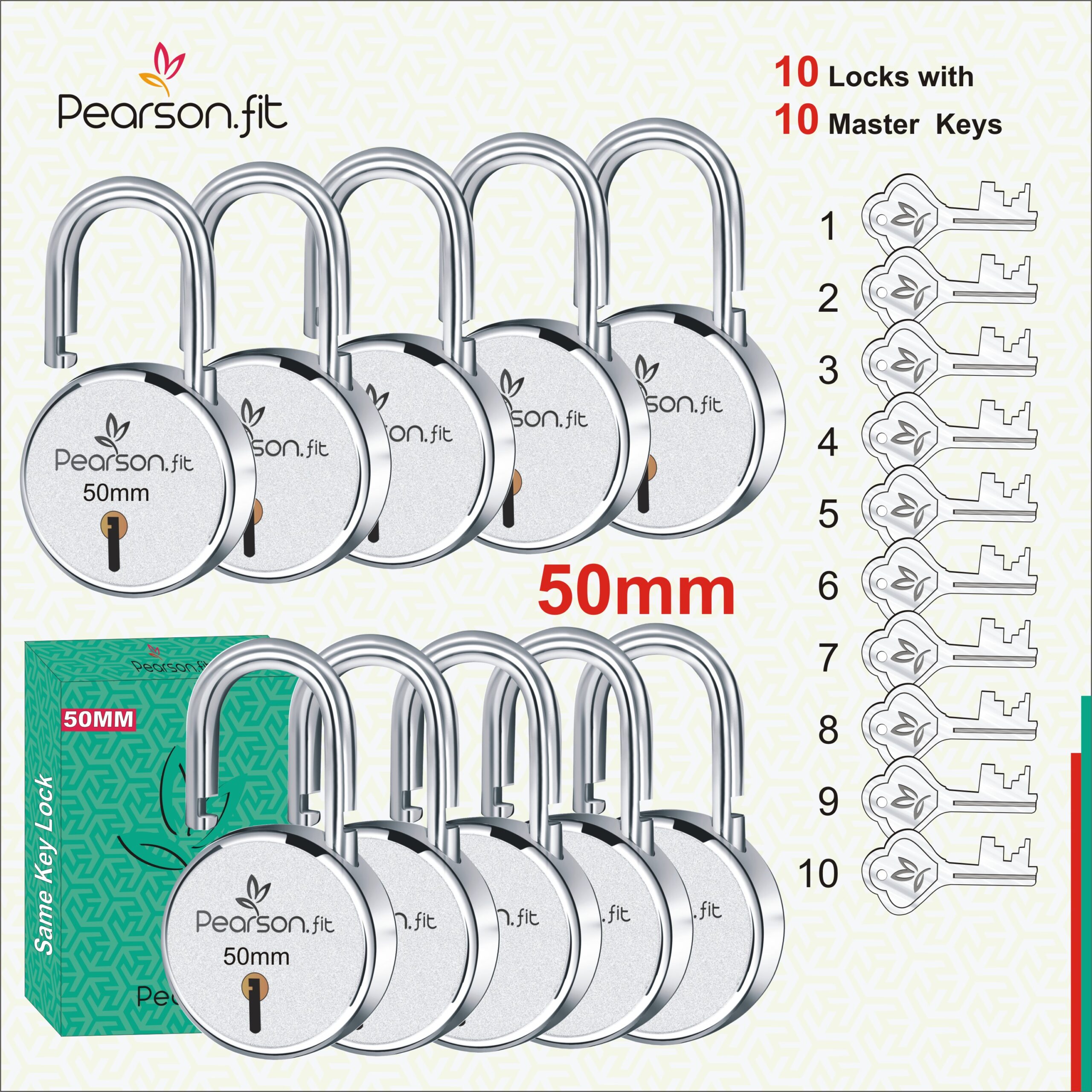 50mm 10 Lock & 10 Keys Medium Size Same Key Lock Set