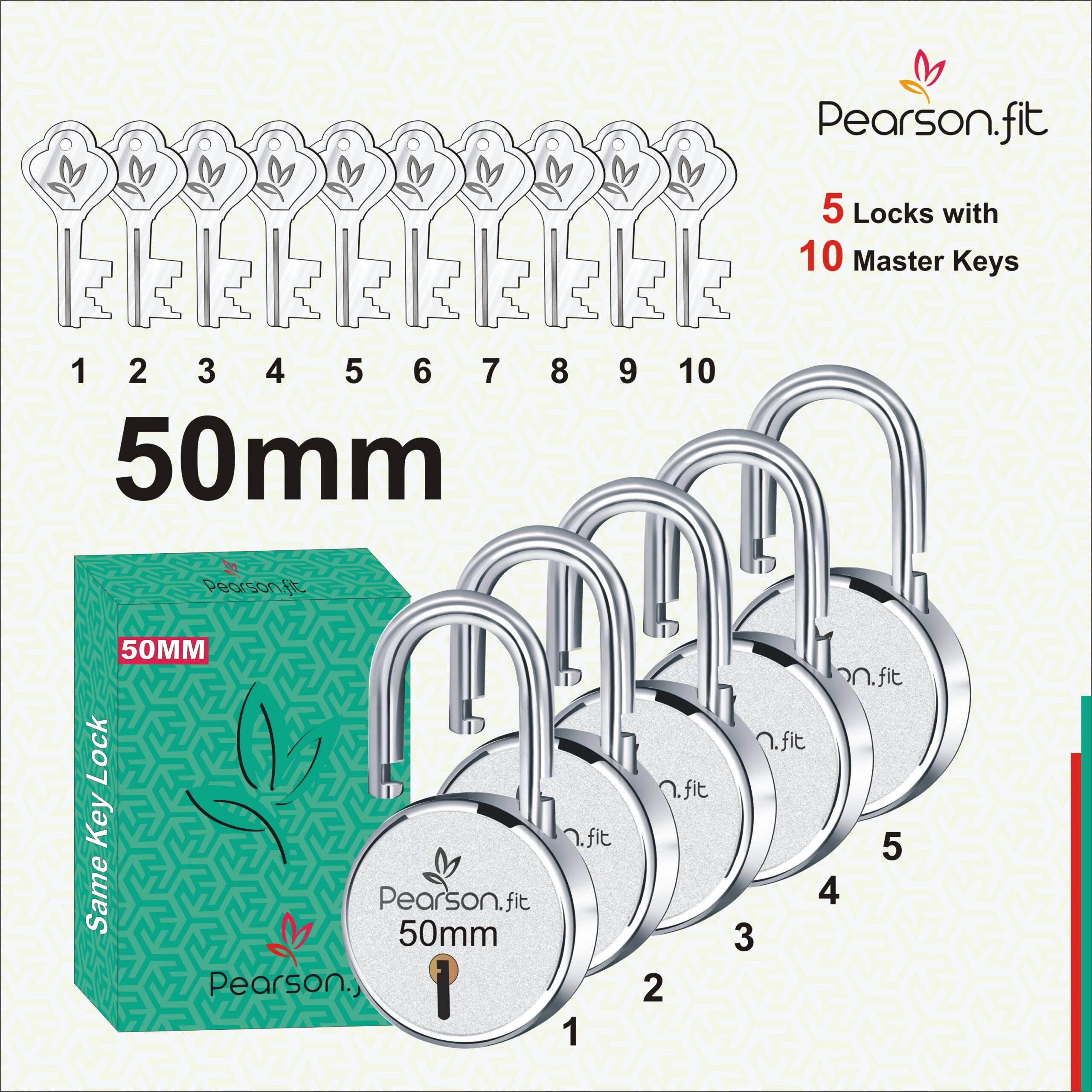 50mm 05 Lock & 10 Keys Medium Size Same Key Lock Set