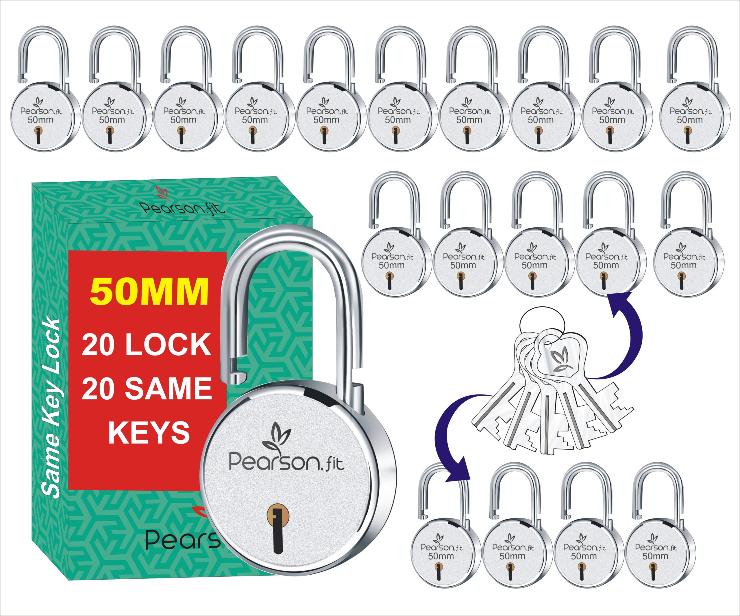 50mm 20 Lock 20 Keys Medium Size Same Key Lock Set - Image 2
