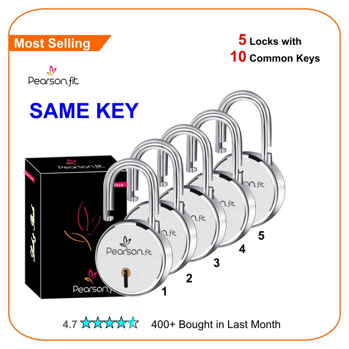 65mm 05 Lock & 10 Keys Regular Size Same Key Lock Set - Image 2
