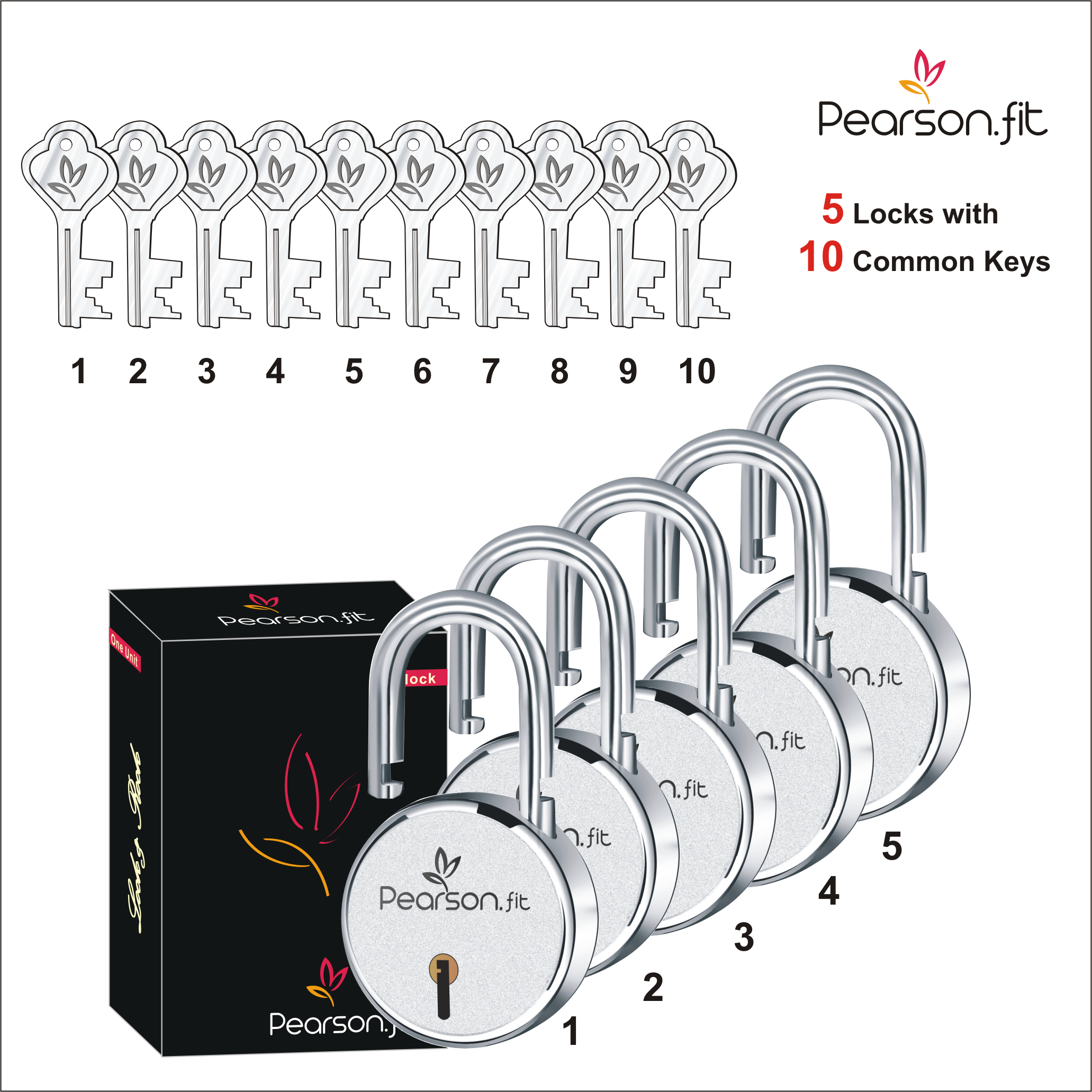 65mm 05 Lock & 10 Keys Regular Size Same Key Lock Set